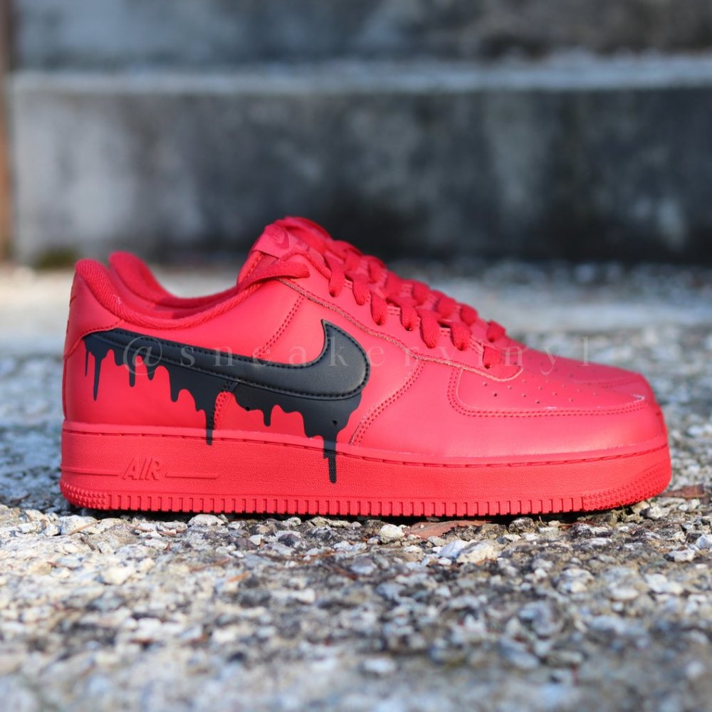 Nike Air Force 1 Low All RED Black Drip Custom - Picture 2 of 12